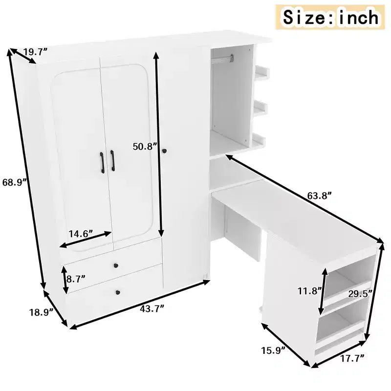 MDF Wardrobe with Fold-Down Desk 43.7''W x 68.9''H