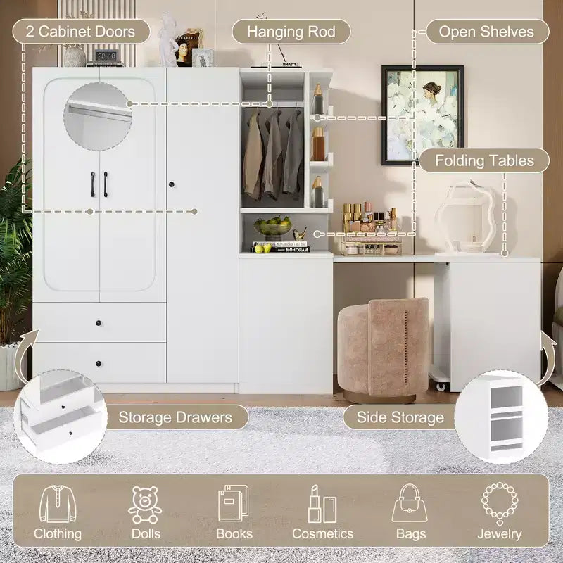 MDF Wardrobe with Fold-Down Desk 43.7''W x 68.9''H