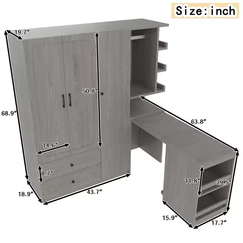 MDF Wardrobe with Fold-Down Desk 43.7''W x 68.9''H