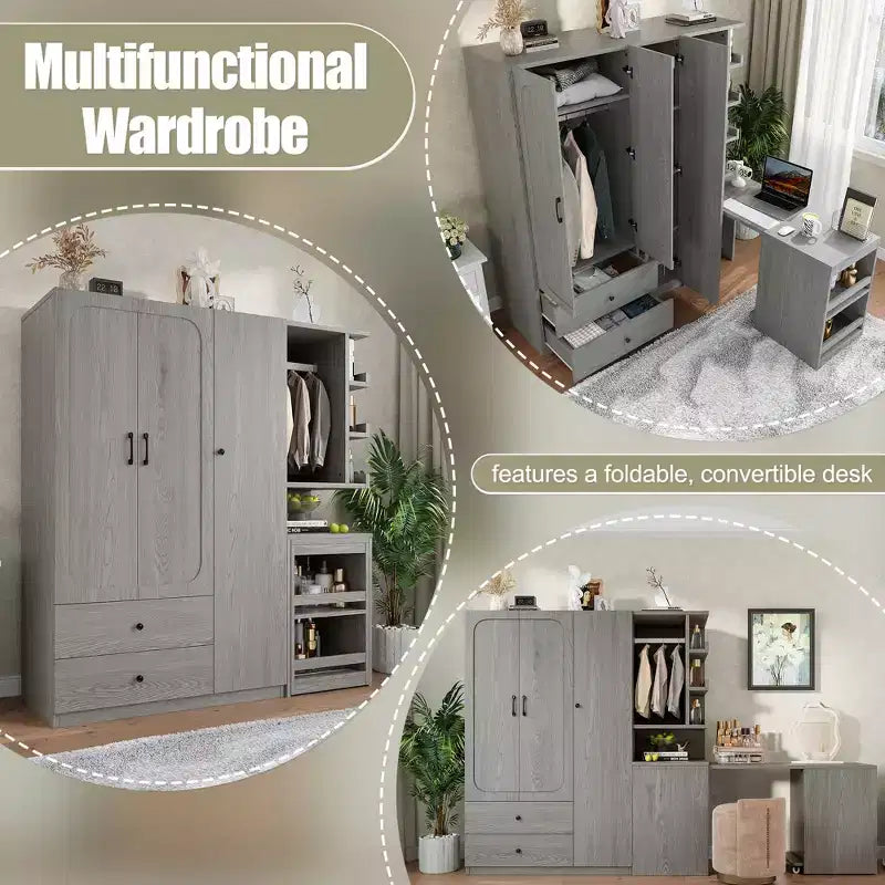 MDF Wardrobe with Fold-Down Desk 43.7''W x 68.9''H