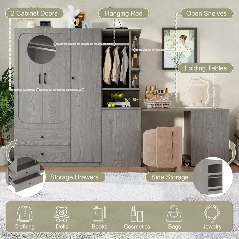 MDF Wardrobe with Fold-Down Desk 43.7''W x 68.9''H