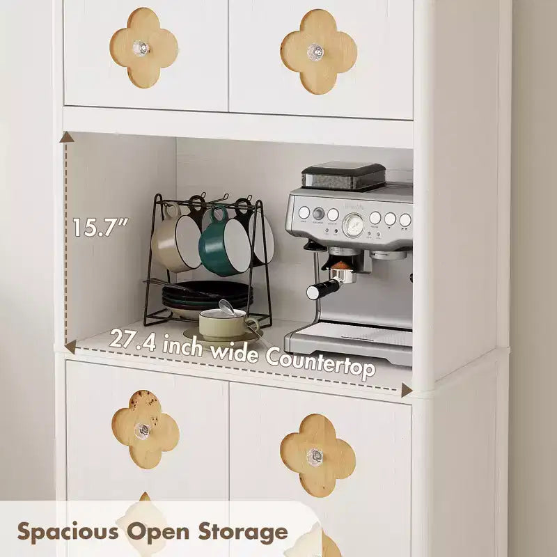 Wood Kitchen Pantry Cabinet 72" with Countertop & Crystal Handles