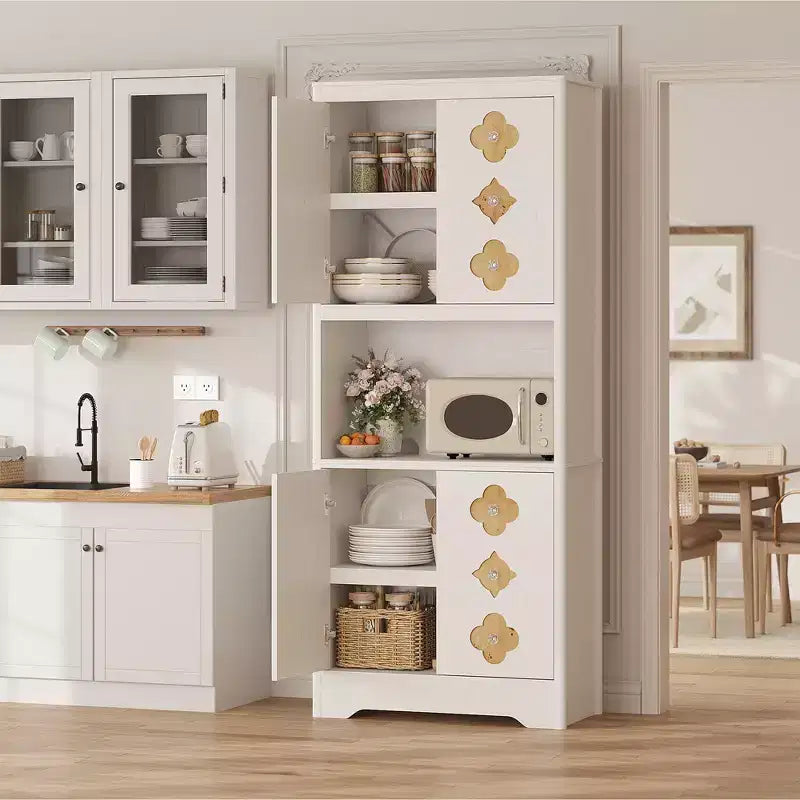 Wood Kitchen Pantry Cabinet 72" with Countertop & Crystal Handles