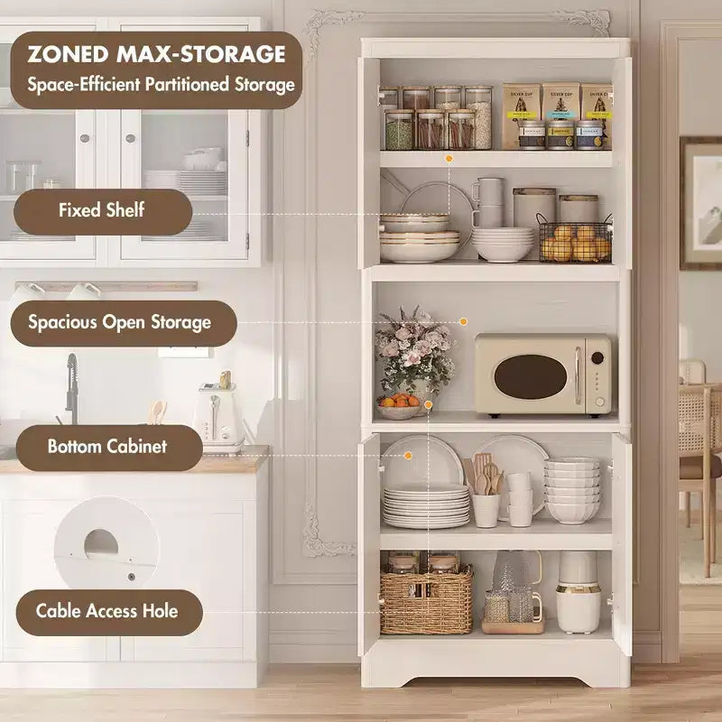 Wood Kitchen Pantry Cabinet 72" with Countertop & Crystal Handles