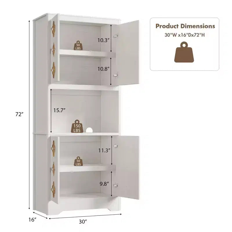 Wood Kitchen Pantry Cabinet 72" with Countertop & Crystal Handles