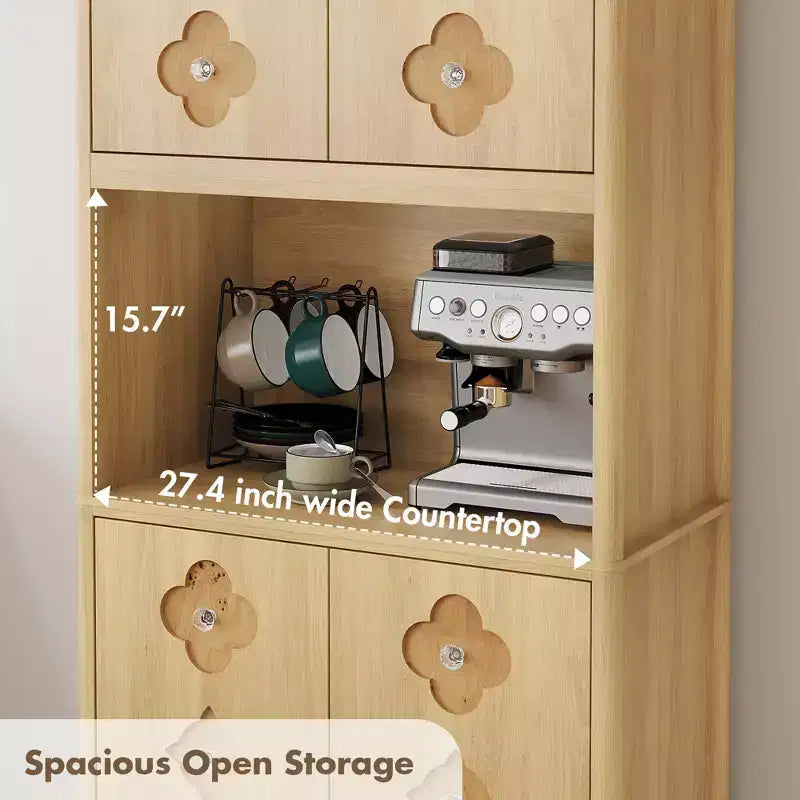 Wood Kitchen Pantry Cabinet 72" with Countertop & Crystal Handles