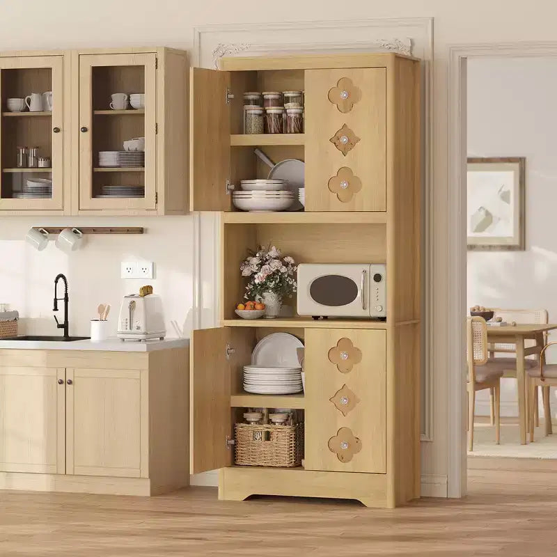 Wood Kitchen Pantry Cabinet 72" with Countertop & Crystal Handles