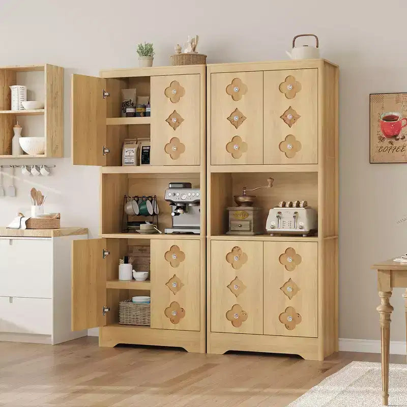 Wood Kitchen Pantry Cabinet 72" with Countertop & Crystal Handles