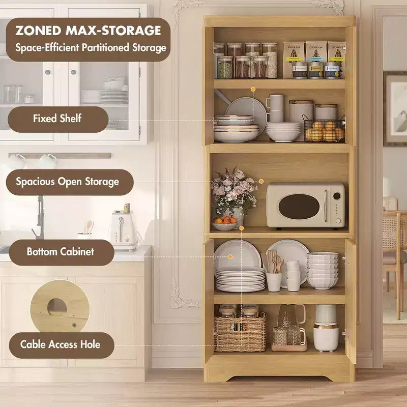 Wood Kitchen Pantry Cabinet 72" with Countertop & Crystal Handles