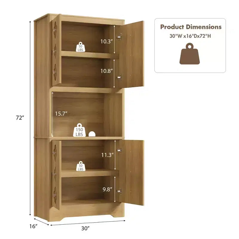 Wood Kitchen Pantry Cabinet 72" with Countertop & Crystal Handles