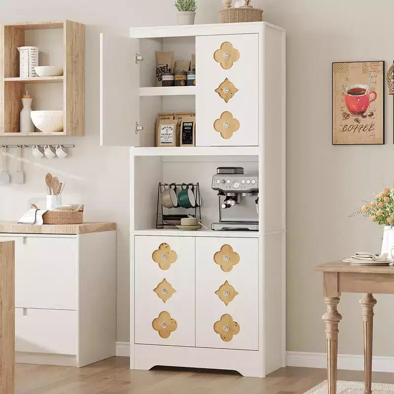 Wood Kitchen Pantry Cabinet 72" with Countertop & Crystal Handles