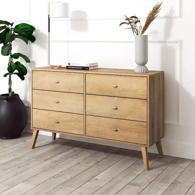 Wood 6-Drawer Bedroom Dresser 52.5"W Natural Oak