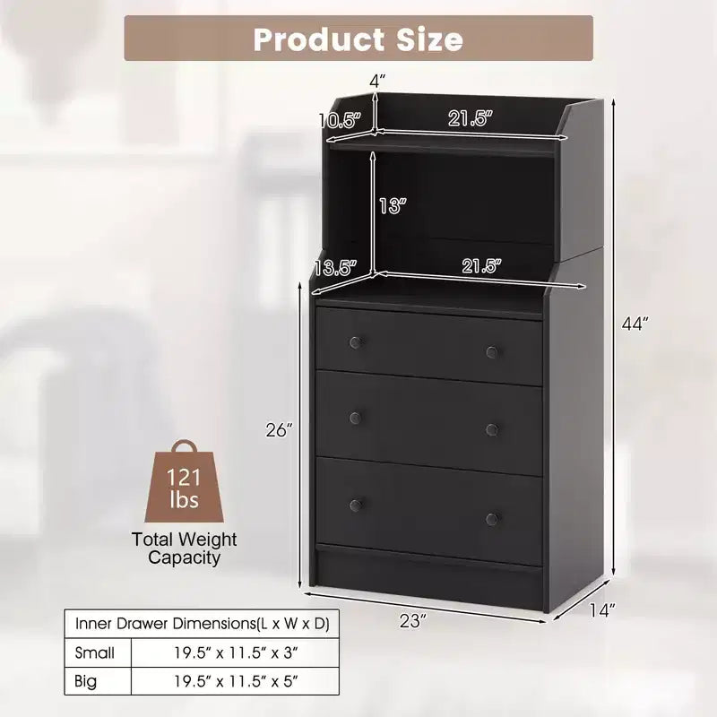 Wood 3-Drawer Dresser 44" with 2 Open Shelves