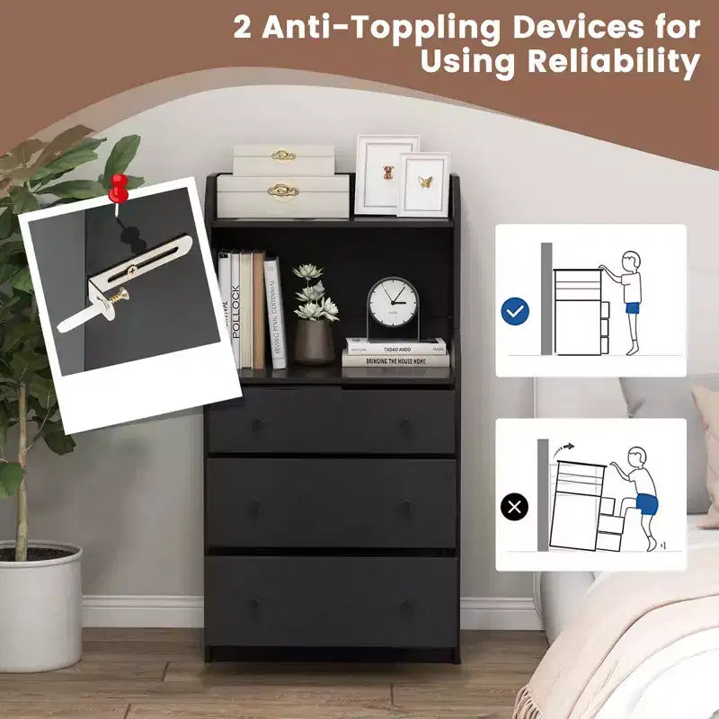 Wood 3-Drawer Dresser 44" with 2 Open Shelves