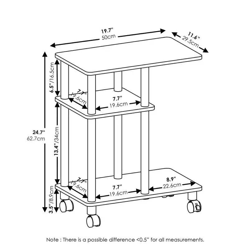 Wood-Top Rolling Side Table 24.7"H
