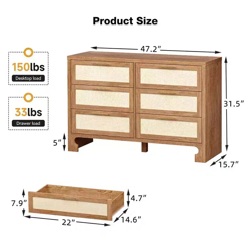 Wood 6-Drawer Dresser 47.2"W