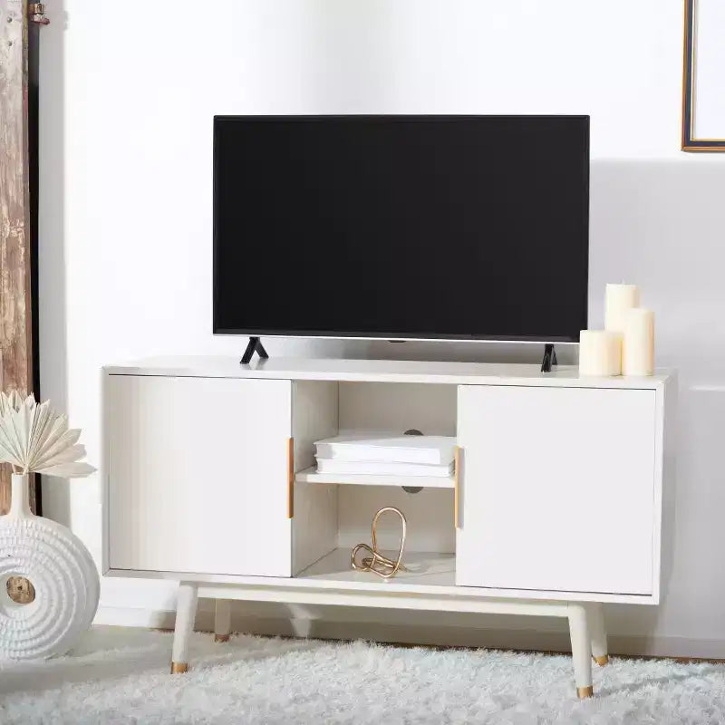 Wood 2-Door Media Stand with Brass Accents