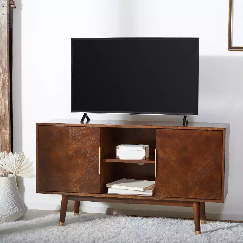 Wood 2-Door Media Stand with Brass Accents