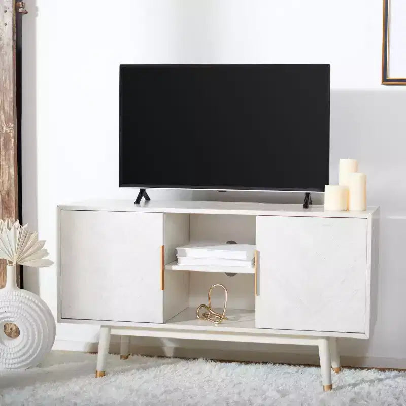 Wood 2-Door Media Stand with Brass Accents