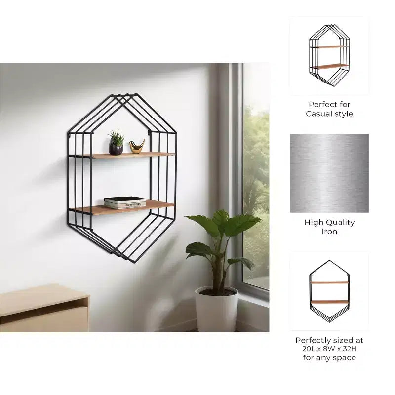 Metal & Wood Hexagon Wall Shelf 32"