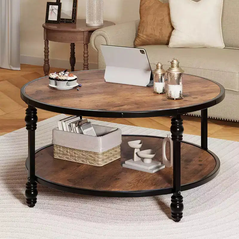 Wood & Metal Round Coffee Table 34" with Storage Shelf