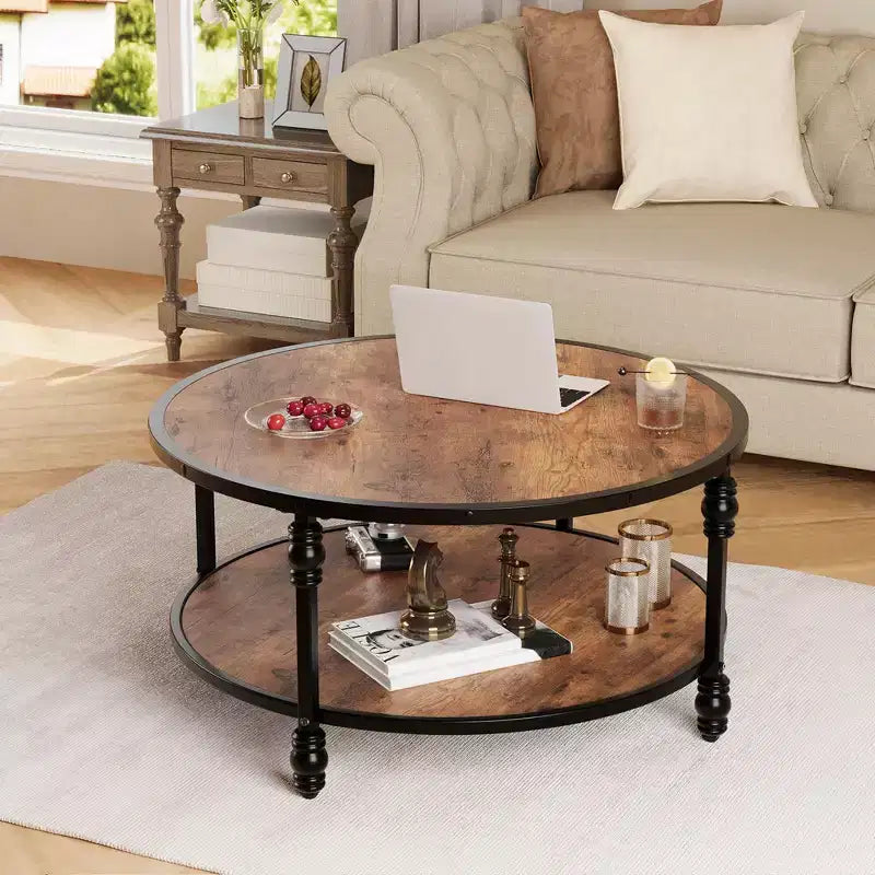 Wood & Metal Round Coffee Table 34" with Storage Shelf