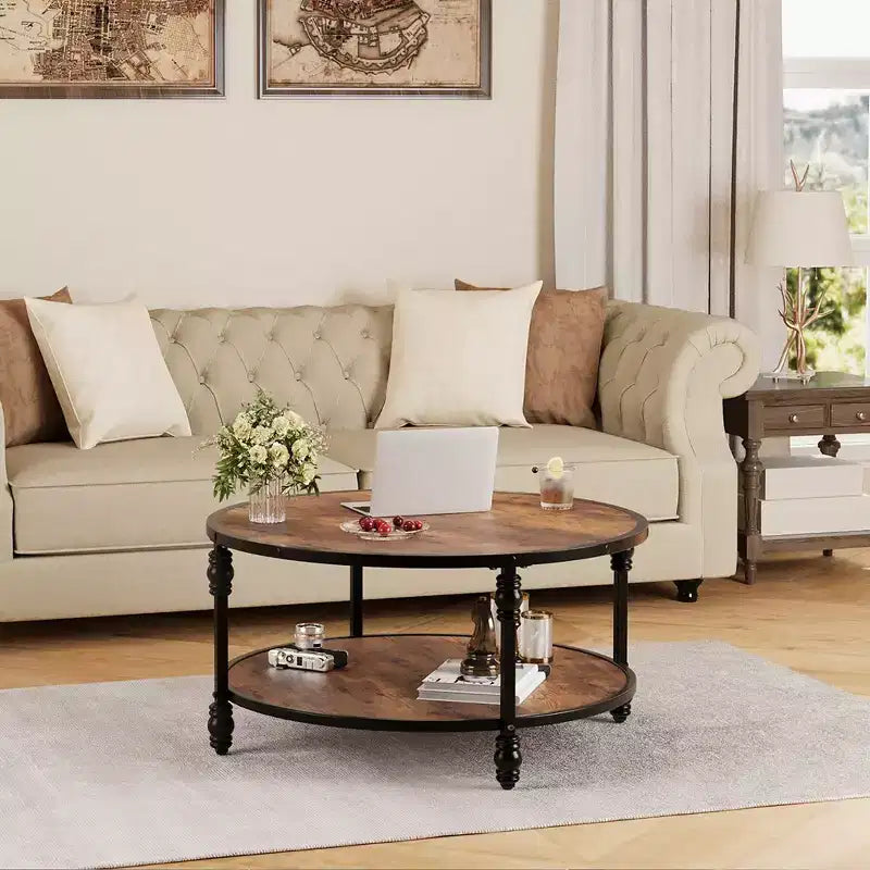 Wood & Metal Round Coffee Table 34" with Storage Shelf