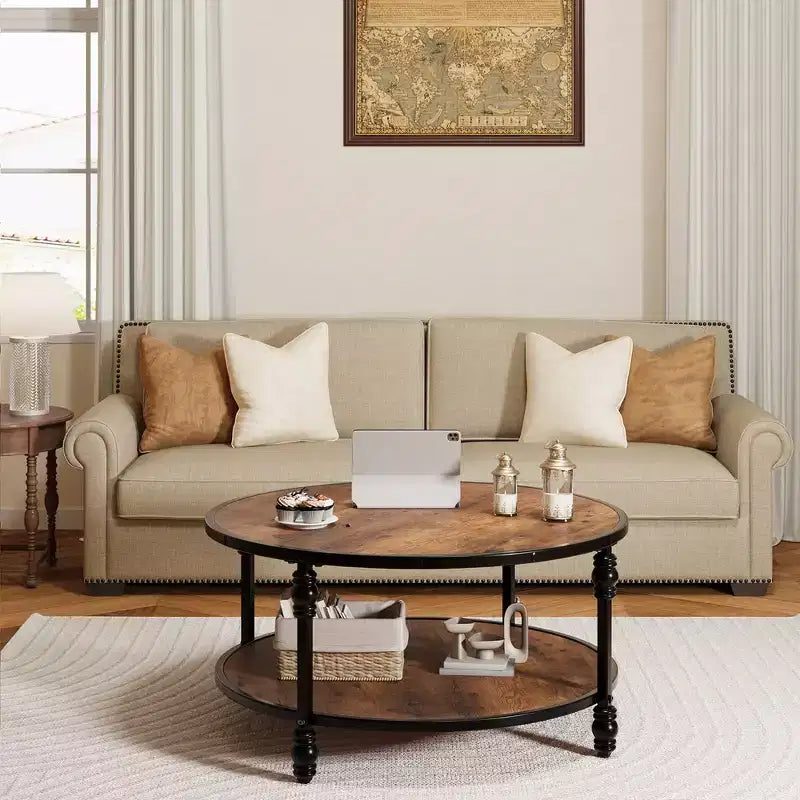 Wood & Metal Round Coffee Table 34" with Storage Shelf