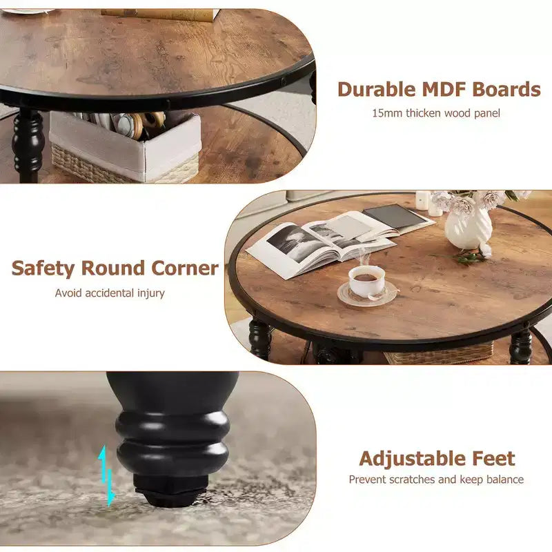 Wood & Metal Round Coffee Table 34" with Storage Shelf