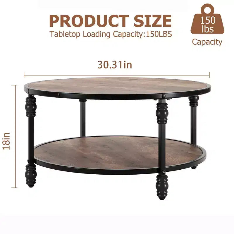 Wood & Metal Round Coffee Table 34" with Storage Shelf