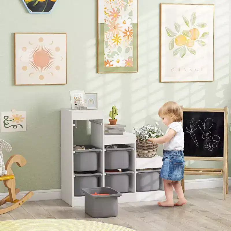 Wood & Fabric 3-Layer Kids Toy Storage Organizer with 6 Bins