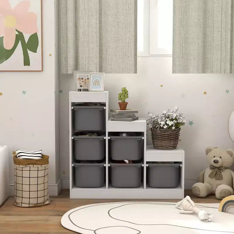 Wood & Fabric 3-Layer Kids Toy Storage Organizer with 6 Bins