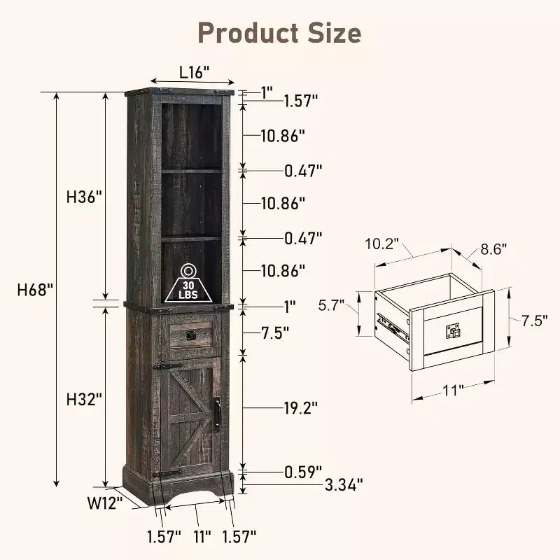 Wood Tall Bathroom Floor Cabinet 68" with Adjustable Shelves