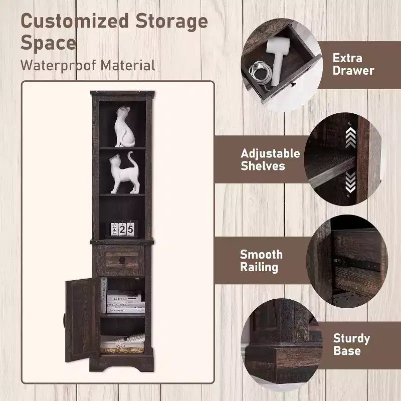 Wood Tall Bathroom Floor Cabinet 68" with Adjustable Shelves