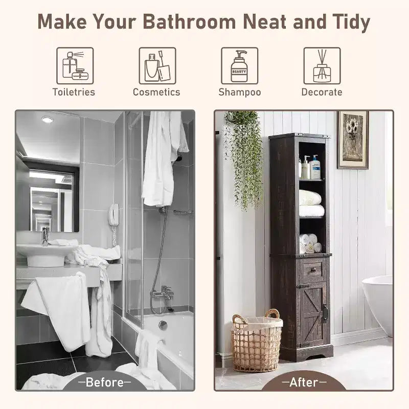 Wood Tall Bathroom Floor Cabinet 68" with Adjustable Shelves