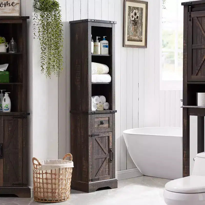 Wood Tall Bathroom Floor Cabinet 68" with Adjustable Shelves