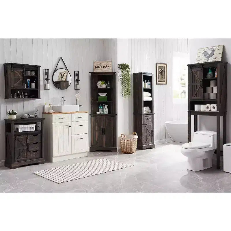Wood Tall Bathroom Floor Cabinet 68" with Adjustable Shelves