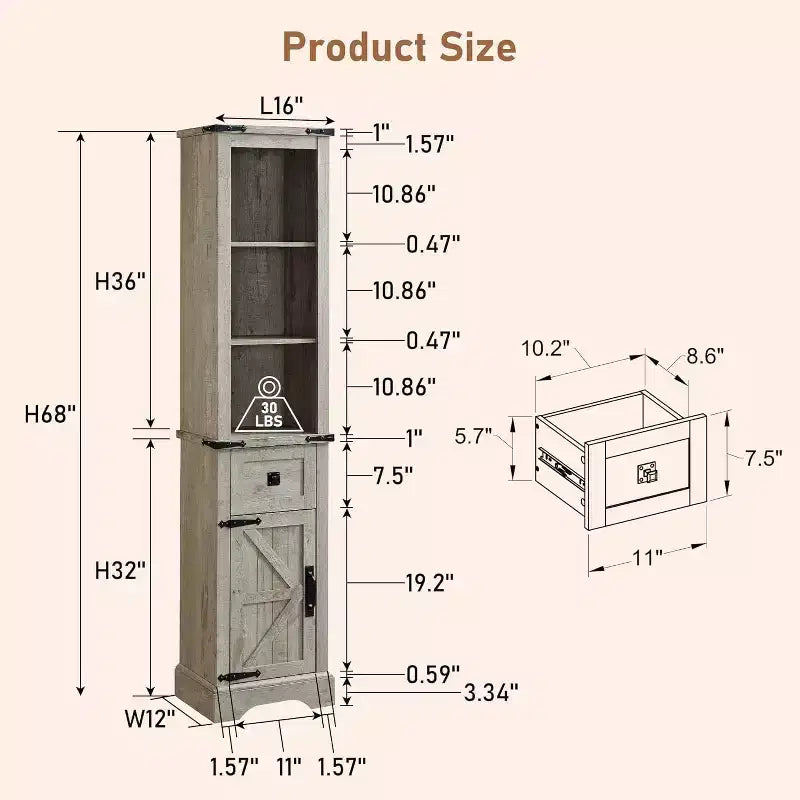 Wood Tall Bathroom Floor Cabinet 68" with Adjustable Shelves
