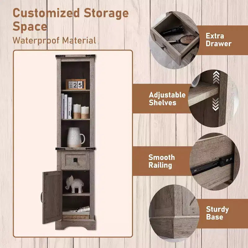 Wood Tall Bathroom Floor Cabinet 68" with Adjustable Shelves