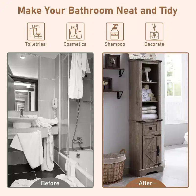 Wood Tall Bathroom Floor Cabinet 68" with Adjustable Shelves