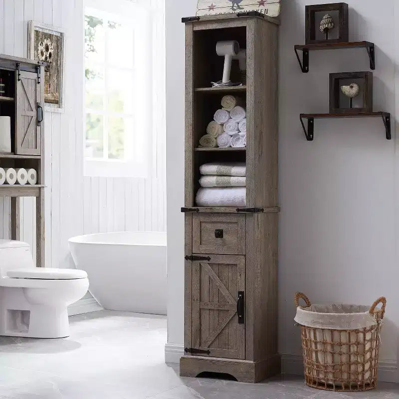 Wood Tall Bathroom Floor Cabinet 68" with Adjustable Shelves