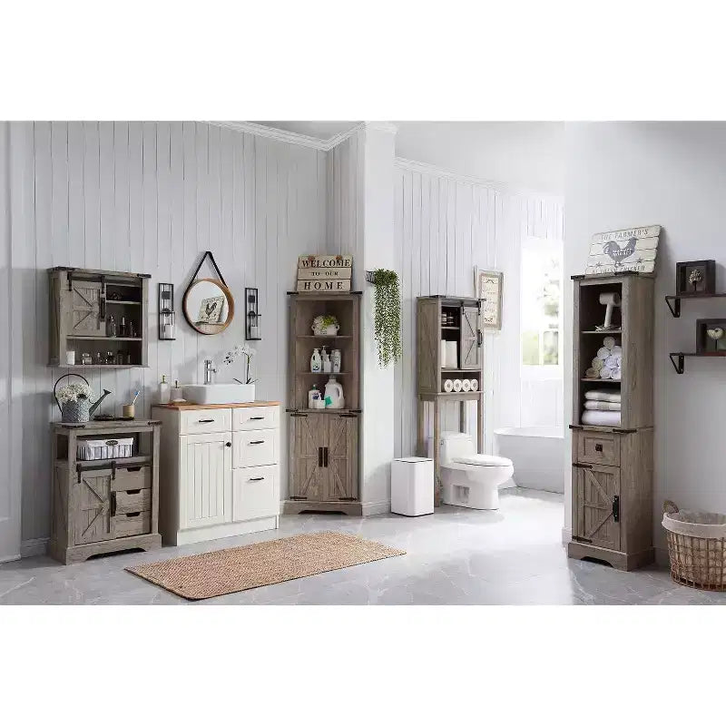 Wood Tall Bathroom Floor Cabinet 68" with Adjustable Shelves