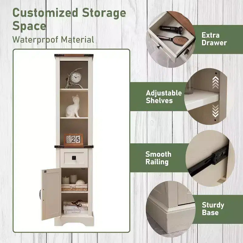 Wood Tall Bathroom Floor Cabinet 68" with Adjustable Shelves