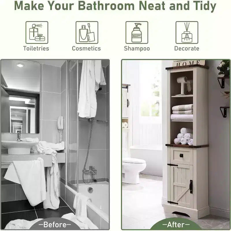 Wood Tall Bathroom Floor Cabinet 68" with Adjustable Shelves