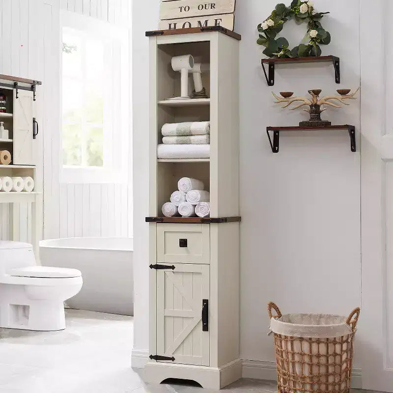 Wood Tall Bathroom Floor Cabinet 68" with Adjustable Shelves