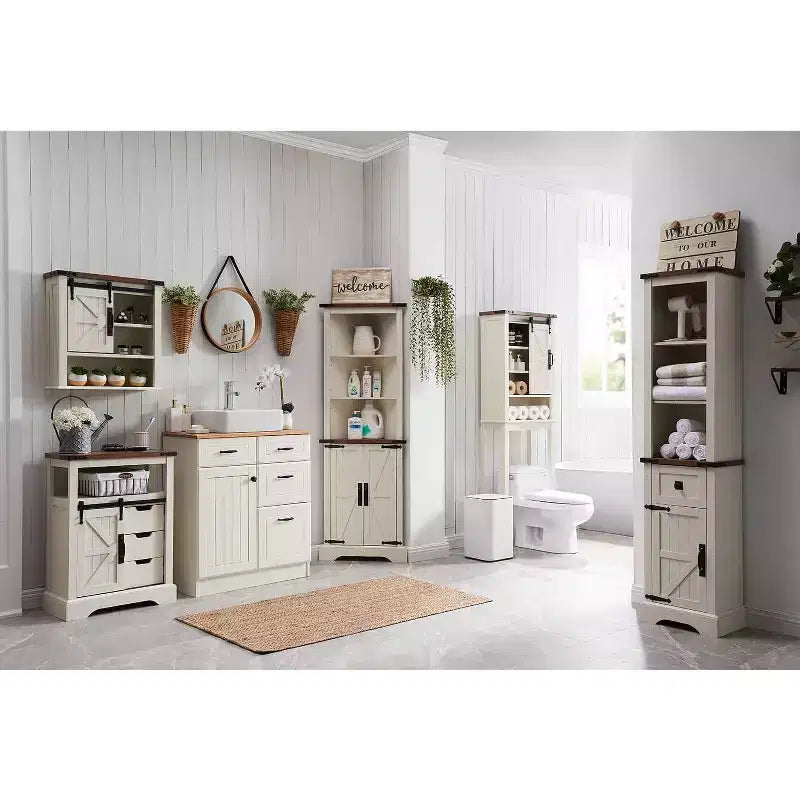 Wood Tall Bathroom Floor Cabinet 68" with Adjustable Shelves