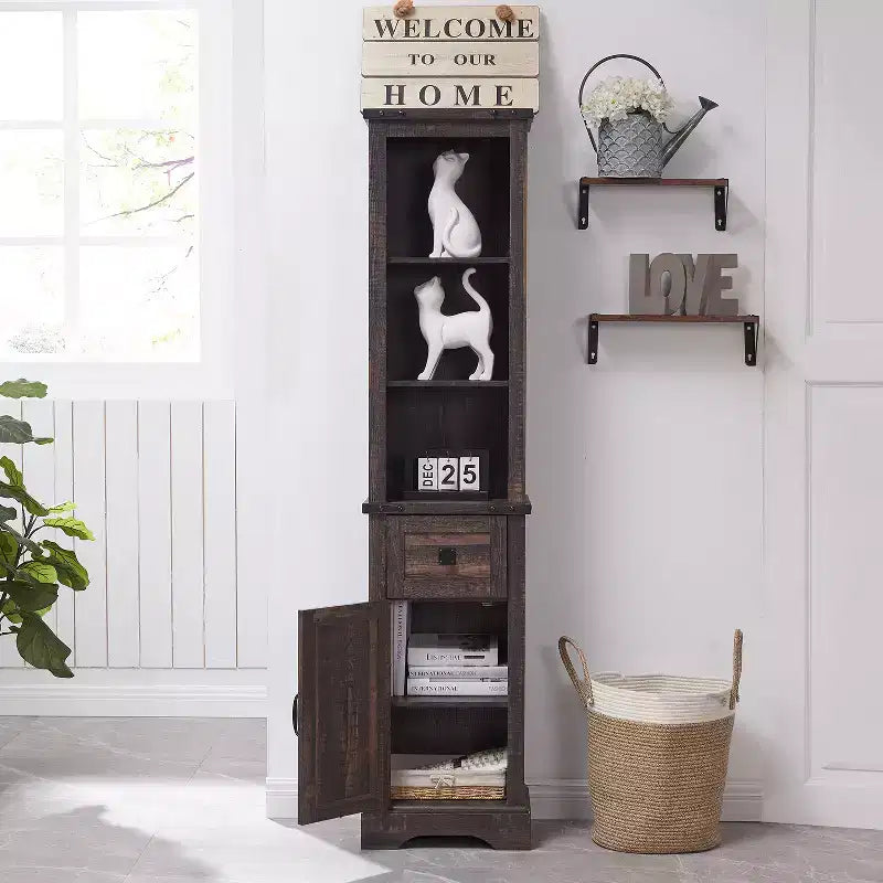 Wood Tall Bathroom Floor Cabinet 68" with Adjustable Shelves