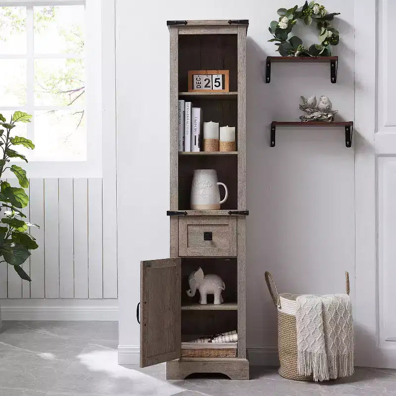 Wood Tall Bathroom Floor Cabinet 68" with Adjustable Shelves