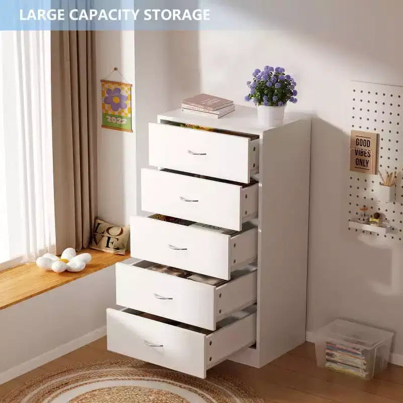 Wood 5-Drawer Tall Dresser with Metal Handles