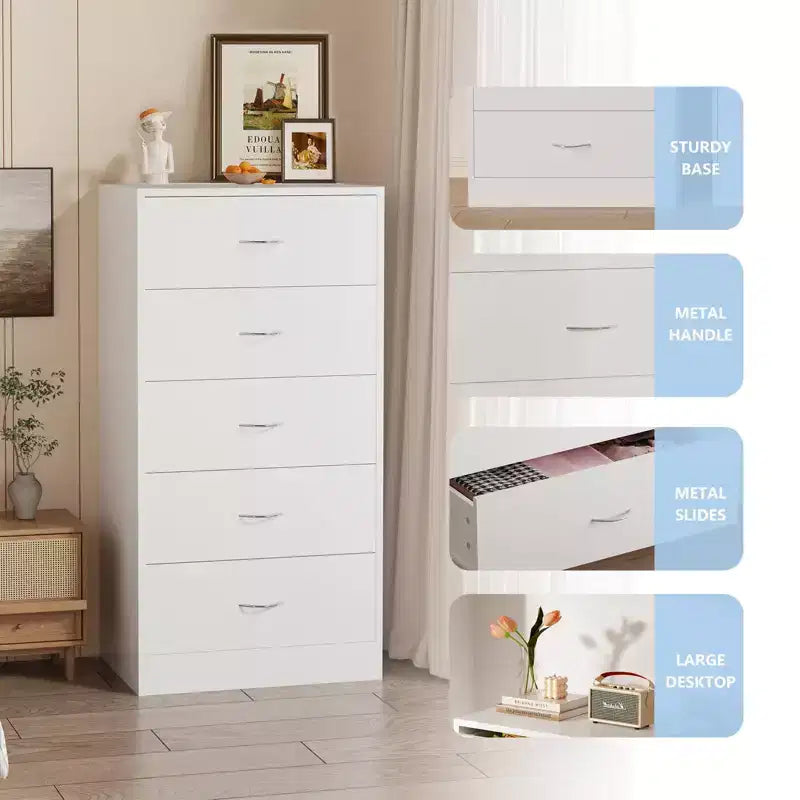 Wood 5-Drawer Tall Dresser with Metal Handles